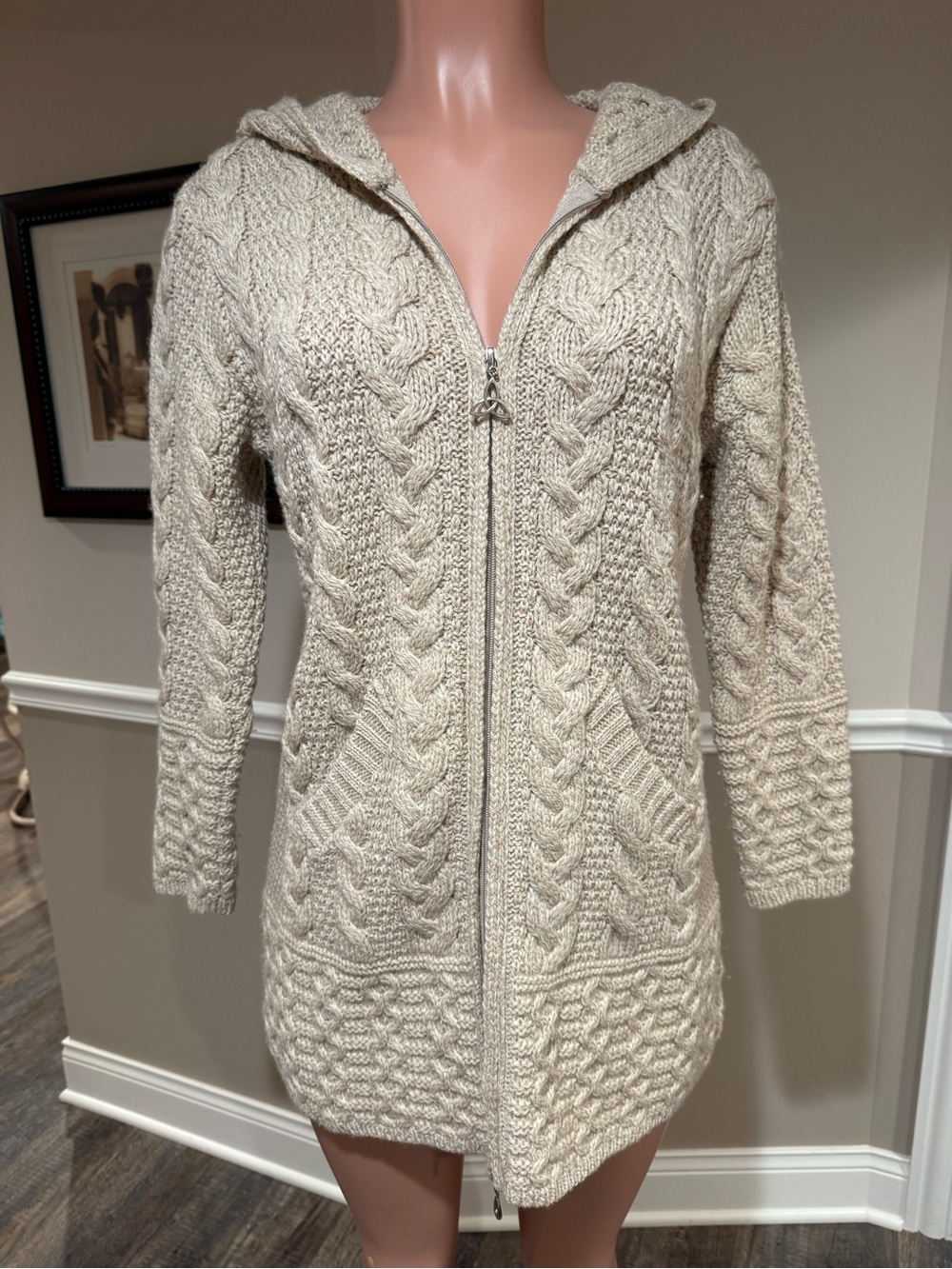 Aran Crafts Cream Cable-Knit Hooded Zip Cardigan